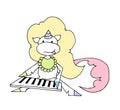 Cute fabulous unicorn isolated on a white background. Unicorns is playing the synthesizer.